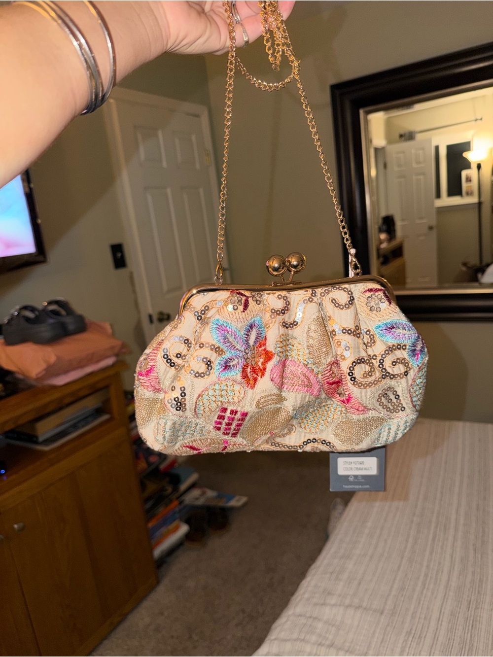 Haute Hippie Cream Beaded Clutch with crossbody chain strap option - Picture 5 of 8